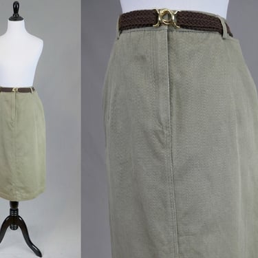 80s 90s Lizsport Midi Skirt - 29 waist - Thick Ribbed Taupe Cotton - Big Flap Snap Hip Pockets - Liz Claiborne - Vintage 1980s 1990s - M 