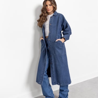 DENIM TRENCH COAT Oversize Maxi Jacket Blue Jean Relaxed Fit Vintage / Small Medium 