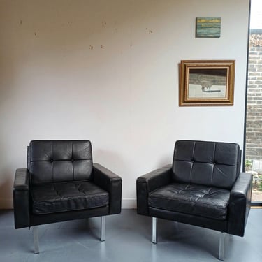 Black Leather and Chrome Danish Armchair