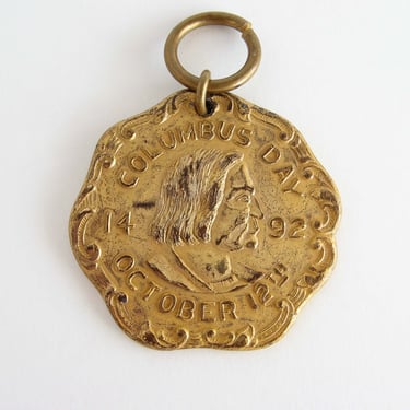 Antique Metal Fob Medallion Commemorating Columbus Day October 12 American Late 1800's or Early 1900's Medal 