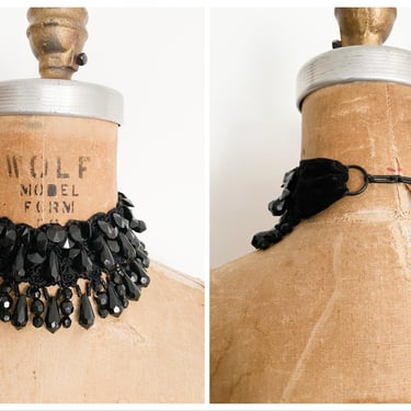 Handcrafted ‘80s ‘’90s jet black beaded choker | velvet wide beaded chocker necklace, gothic aesthetic, whimsigothic 