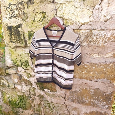 Vintage 1990's Christopher Banks Striped Brown Tan Cardigan Sweater Mesh / L to XL 