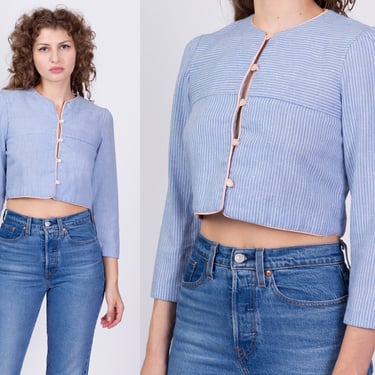 70s 80s Blue Striped Crop Top - Extra Small | Vintage Puff Sleeve Button Up Cropped Shirt 