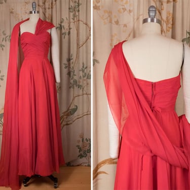 1950s Dress - Dramatic Vintage 50s RAPPI Silk Chiffon Strapless Gown in Soft Red with Massive Scarf Drape 