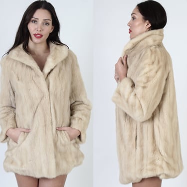 60s Natural Blonde Mink Coat / Soft And Plush Large Fur Under Collar Jacket, Vintage Relined Winter Warm Overcoat 