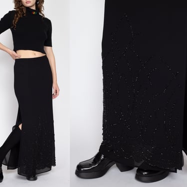 Medium 90s Formal Black Beaded Maxi Skirt | Vintage Floor Length Mid Rise A Line Side Slit Skirt 