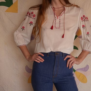 1970's Penny Lane Blouse / Red and Gray Embroidery / Semi Sheer Hippie Blouse / Embroidered Cotton Peasant Blouse 