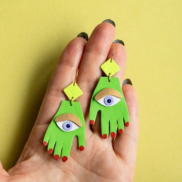 Witchy Green Hands w/ Violet Eyeballs + Red Fingernails - Reclaimed Leather Statement Earrings 