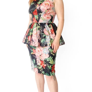 1980s Black Floral Peplum Dress, sz. M/L