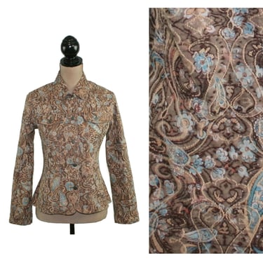 Y2K Embroidered Paisley Jacket Women Small, Collared Button Down Fitted Shirt Style in Brown & Light Blue 