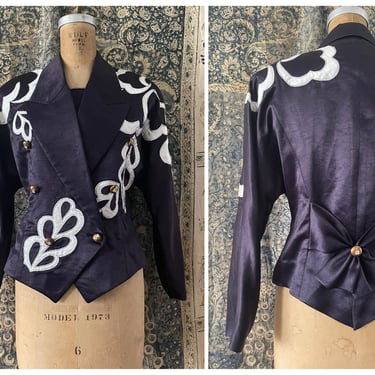 Vintage ‘80s Oriental designer marching band inspired jacket | midnight blue satin, appliqués & silver lurex, dramatic statement piece, S 