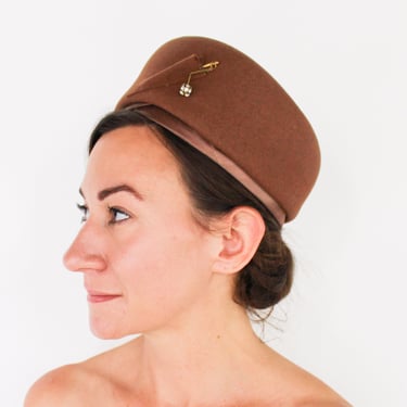 1960s Brown Wool Felt Hat | 60s Brown Mod Wool Hat | Jackie O 