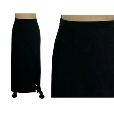 90s Black Maxi Skirt Large, Long Black Pencil Skirt Size 14,  Elastic Waist Brushed Polyester Ultrasuede, 1990s Clothes Women Vintage 
