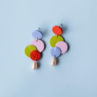 Rounds Layered Circles Earrings in Pink / Green / Red - Lightweight & Made from Reclaimed Leather with Freshwater Pearls 