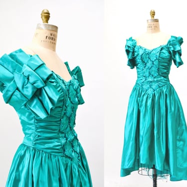 80s Vintage Prom Party Dress Teal Blue Bridesmaid Prom Dress Size XXS XS Small Bow Dress Off the Shoulder Blue Turquoise// 80s Prom dress XS 