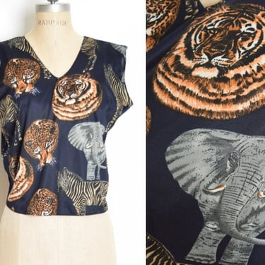 vintage 70s top navy blue African animal cats print tank top shirt blouse L clothing 