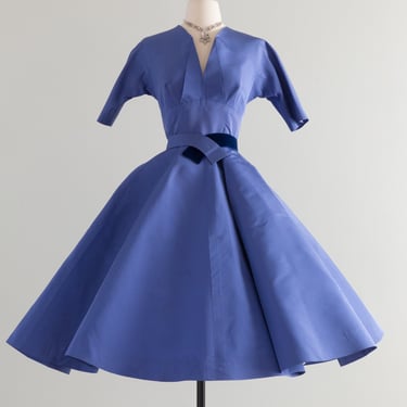 Spectacular 1950's French Blue Silk Faille Cocktail Dress By Sophie Gimbel / Waist 26&quot;