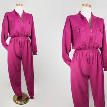 VINTAGE 80s New Wave Sweatshirt Jumpsuit by Active Elements | 1980s One Piece Long Sleeve Jogging Track Suit in Merlot Color Medium | vfg 