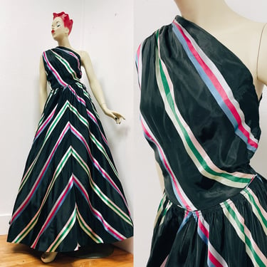 1940s Black Chevron Striped Taffeta One Shoulder Evening Gown w Full Skirt XS 24