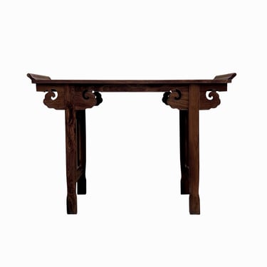 Chinese Brown Natural Wood Point Edge RuYi Apron Altar Console Table cs7730E 