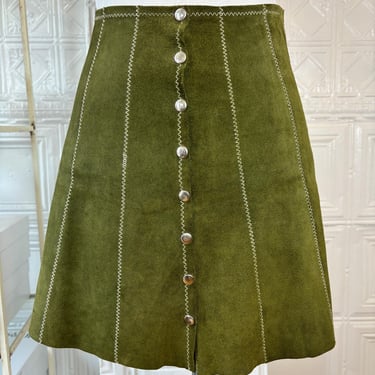 Vintage Late 60s/ Early 70s Green Suede A Line Mini Skirt with Silver Snaps and Zigzag Stitching Mod Hippie XS 