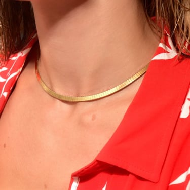 Minimalist 14K Yellow Gold Omega Collar Necklace, Women's Solid Gold Chain, Vintage Omega Link Chain, 16" L 