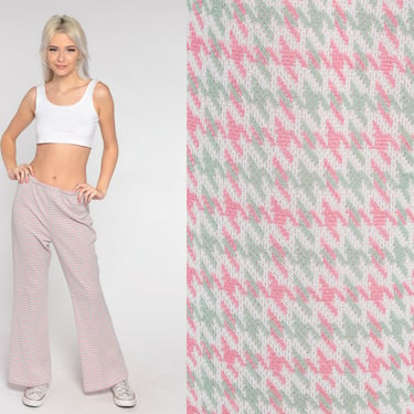 70s Houndstooth Pants Flared Trousers High Waisted Bell Bottoms Pastel Pink Green Checkered Seventies Flares Vintage 1970s Small Medium 