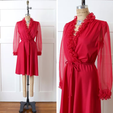 vintage 1970s ~ early 1980s red ruffle collar dress • vampy red nylon wrap dress with sheer chiffon sleeves 