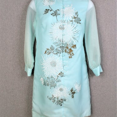 1970's - Shaheen - Aqua/Gold - Silk Screened - Party Dress - Estimated size 16 