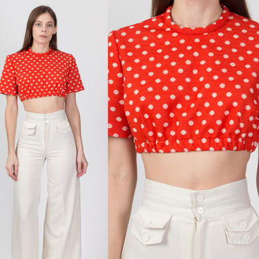 70s Orange Polka Dot Crop Top - Small | Vintage Short Sleeve Mini Cropped Shirt 