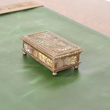 Tiffany Studios New York Pine Needle Pattern Bronze Doré and Slag Glass Stamp Box