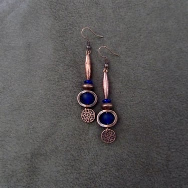 Blue sea glass earrings, long copper earrings, bohemian earrings, beach earrings, bold boho earrings, unique earrings, ethnic earrings 