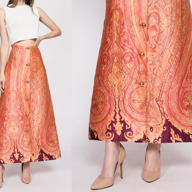 Med-Lrg 70s Psychedelic Quilted Paisley Satin Maxi Skirt | Vintage Boho High Waisted A Line Button Up Skirt 