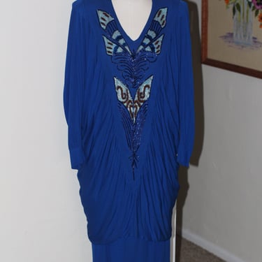 Vintage 80s Draped and Rouched Vicose Dress Long Sleeve with MultiColor Beaded Insert; Poofy Shoulders and Long Draping from top to Bottom 