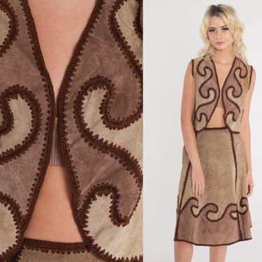 Suede Two Piece Outfit 70s Leather VEST TOP and SKIRT Set Western Cowgirl Dress Midi Brown Boho Hippie 2 Piece 1970s Vintage Small Medium 