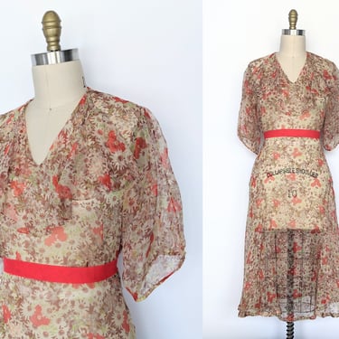 Vintage 1930s Floral Chiffon Day Dress, Vintage 30s Silk Tea Length Gown 