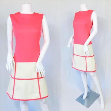 1960's Pink White Window Pane MOD Scooter Double Knit Poly Dress I Sz Med I Fred Rothschild 