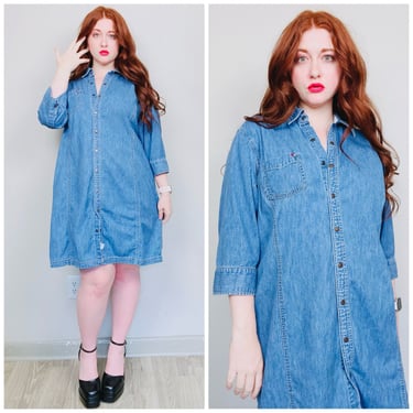 Y2K Tommy Hilfiger Light Wash Shirt Dress / Vintage Denim Cotton Western Dress / Size 20 