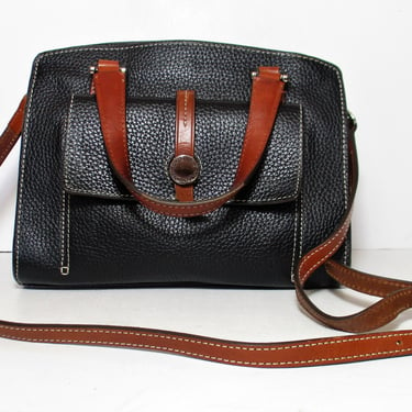 Vintage Dooney & Bourke Purse, Top Handle, Crossbody Bag, black pebble grain leather, British tan trim 