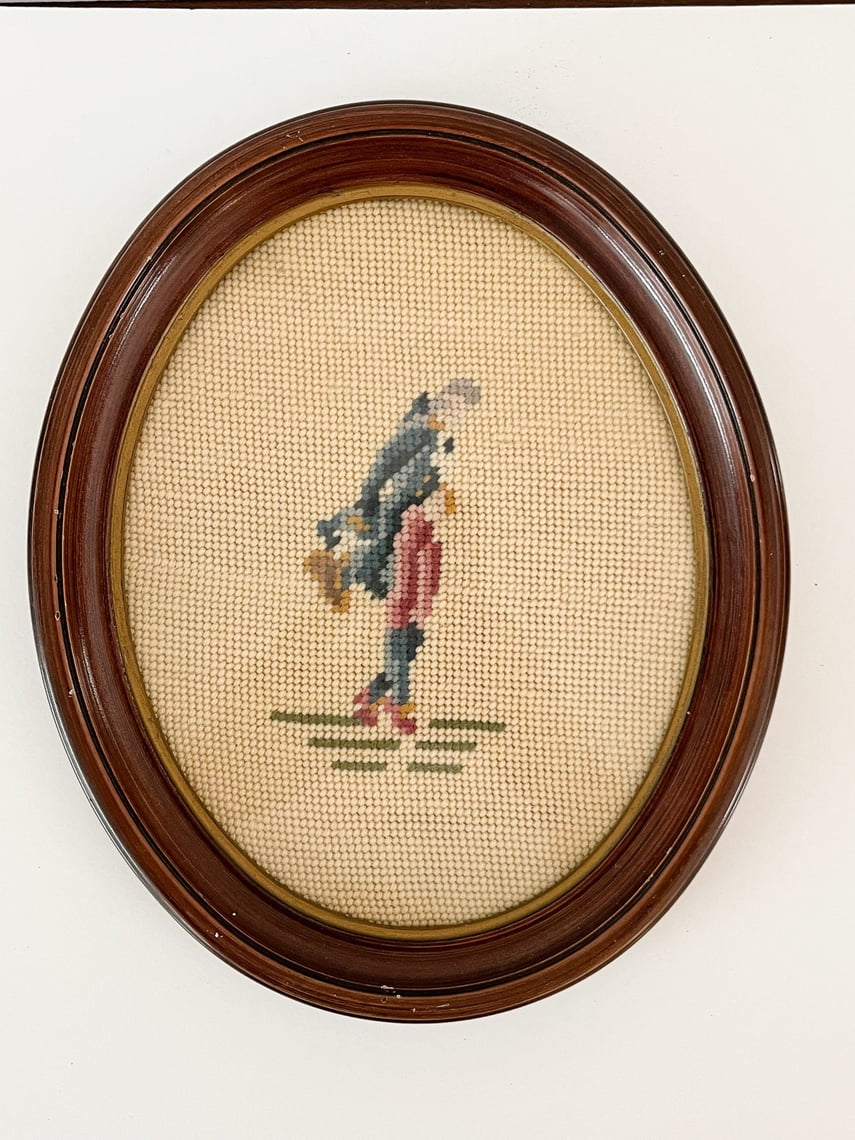 Colonial Man Needlepoint. Framed Oval Needlepoint Wall Hanging. Vintage
