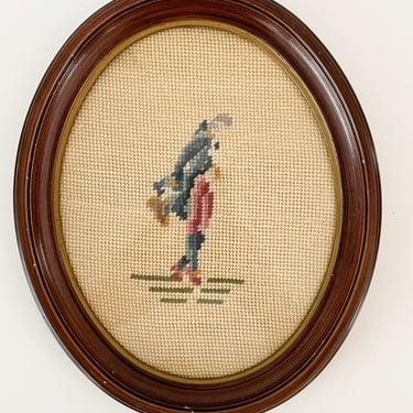 Colonial Man Needlepoint. Framed Oval Needlepoint Wall Hanging. Vintage Needlepoint. 