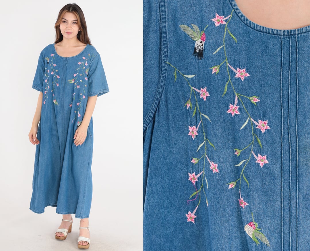 Contrast Embroidered Denim Dress – ZAY