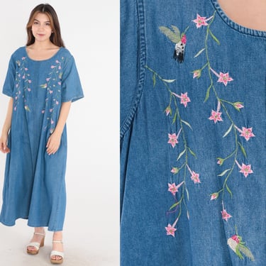 Floral Denim Dress Y2k Jean Hummingbird Midi Dress Embroidered Flower Bird Dress Blue Shift Retro Casual Short Sleeve Vintage 00s 2x 2xl 
