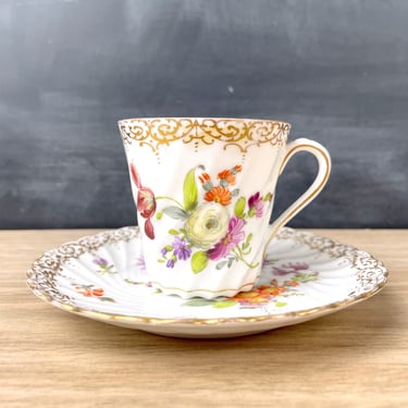 Antique Dresden hand painted floral demitasse cup and saucer 