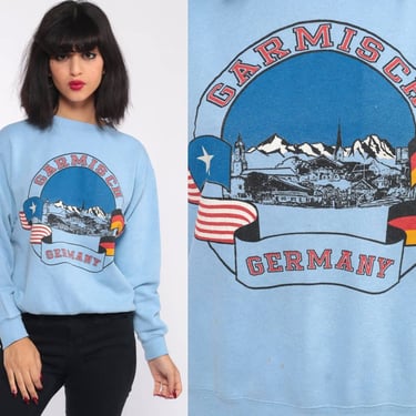 Garmisch Germany Sweatshirt 80s Mountain Shirt Baby Blue Retro Pullover 1980s Graphic Slouch Raglan Small Medium 