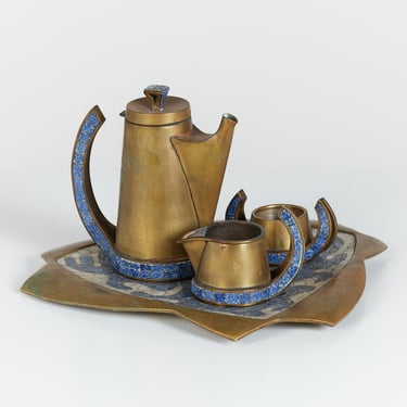 Salvador Teran Brass and Mosaic Tile Tea Service Set 