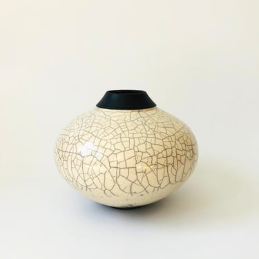 Large Raku Pottery Vase With Two Toned Glaze 