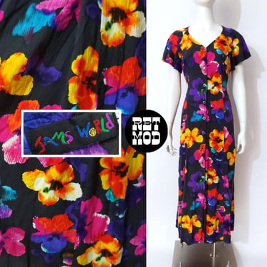 Jams World Vintage 80s 90s Long Colorful Floral Summer Dress with Button Front 