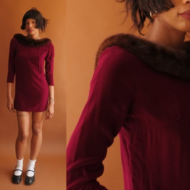 Vintage 60s Mini Dress with Mink Collar/ 1960s Velvet Micro Mini Dress/ Size XS 