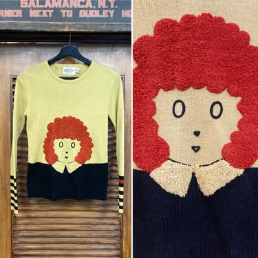 Vintage 1970’s “Little Orphan Annie” Pop Art Mod Knit Pronto Sweater, 70’s Vintage Clothing 